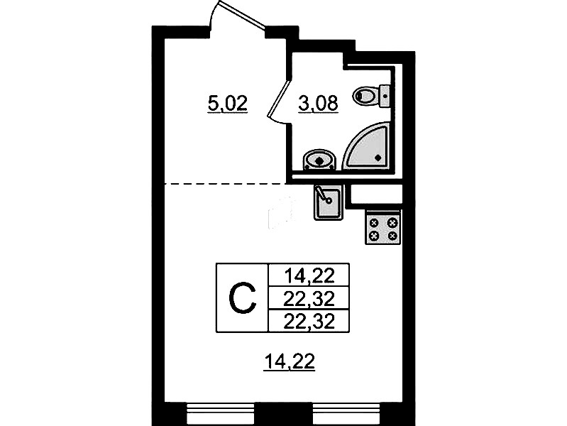 Квартира студия 22.32 м², 10/12 эт., ЖК «Новые Лаврики»